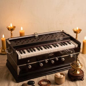 May include: A dark brown wooden harmonium with a white and black keyboard, silver metal accents, and a decorative carved top panel. Wisps of smoke rise from a small brass incense burner nearby, accompanied by prayer beads and smooth dark stones.