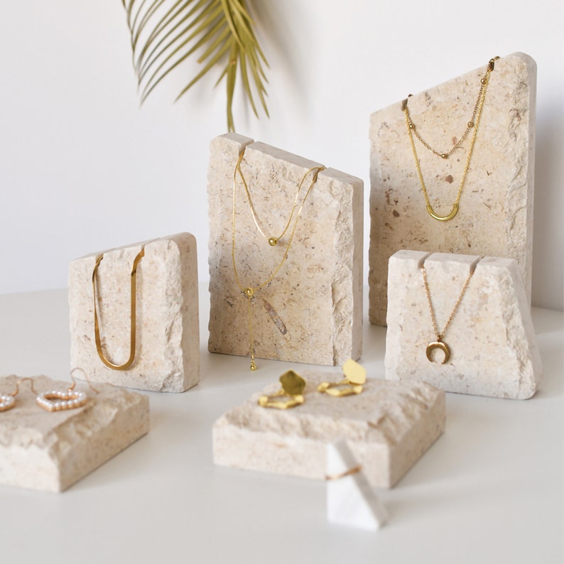 Natural Limestones with Fossils Jewelry Display, Jewelry Display Set, Necklace Display, Necklace Stand, Jewelry Display Dish 