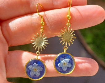 Golden forget-me-nots earrings, blue flower earrings, blue and gold long earrings, gift for woman, flower and resin earrings for women