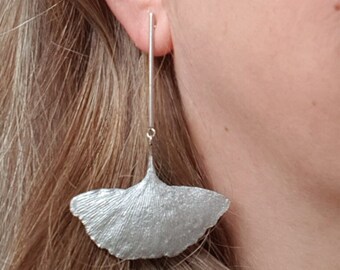 Silver plated real ginkgo leaves earrings, large wedding earrings, silver plated leaves and eco resin earrings, elegant women christmas gift