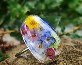 Natural Flower Resin Ring, Adjustable Ring, Handmade Botanical Jewelry, Real Flower Ring, Resin Jewelry, gift for Nature lovers