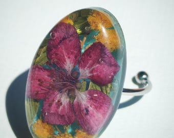 Cherry Blossom and Mimosas Ring, adjustable flower and resin ring, ring with real flowers, colorful flower ring, botanical jewelry for her