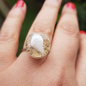 Natural shell small ring, adjustable stainless steel ring, ring with Fuerteventura sand and seashell, ocean jewelry for sea lovers, birthday