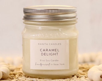 Caramel Delight Soy Candle, Bakery Scented, Handmade Mason Jar Candle