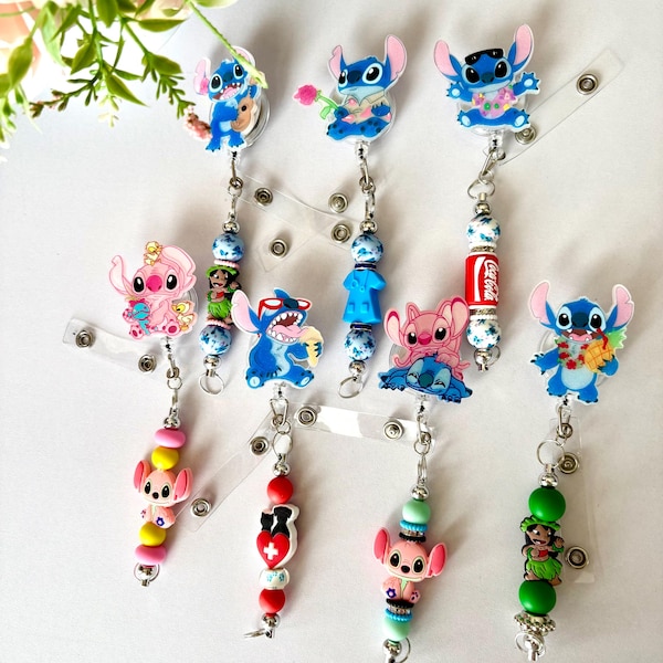 Stitch & Angel Badge Reel: Beaded Retractable ID Holder