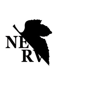May include: Black and white logo with the word "NERV" in bold letters. A stylized leaf is partially covering the letters.