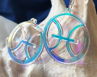 Iridescent Pisces Earrings: Laser-Cut Acrylic Zodiac Sign