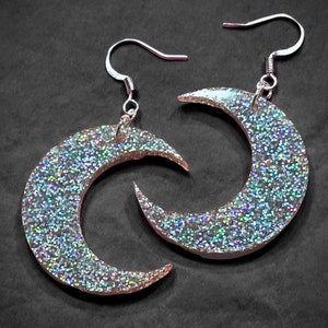 Glitter Crescent Moon Earrings | Custom Witchy Cottagecore Jewelry | Choose Your Color and Hardware!
