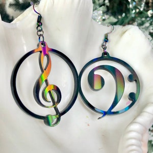 Holographic Treble Clef Bass Clef Earrings | Gift for Music Lover | Bridesmaid Gift | Music Notes | Treble Clef Earrings | Music Teacher