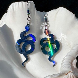 Holographic Snake Earrings | Witchy Black Rainbow Serpent Statement Dangles | Medusa Halloween Costume, Rock Concert Outfit, Gift for Goth
