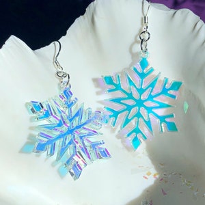 Iridescent Snowflake Earrings: Color Shift Acrylic, Winter Holiday Jewelry