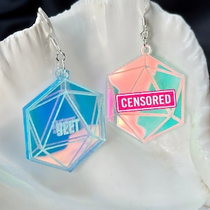 Iridescent D20 Dice Earrings | Funny novelty jewelry for RPG and DnD players | Choose your own words and hardware