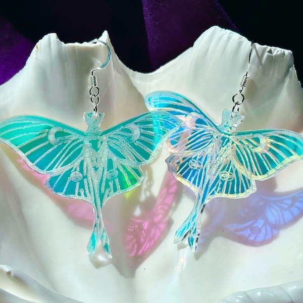 Iridescent Luna Moth Earrings: Witchy Cottagecore Acrylic Jewelry