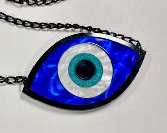 Evil Eye Necklace | Large Faux Druzy Crystal and Marbled Pearl Acrylic Statement Talisman Pendant for Protection