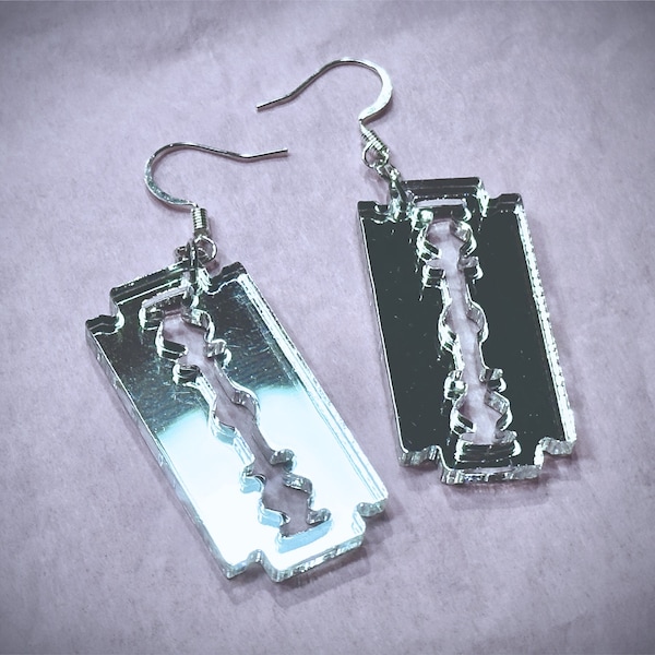 Razorblade Earrings | Silver Mirror Acrylic Gothic Dangles | Choose Your Hardware!