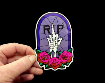 Funny Rest in Pieces Sticker | Offensive Skeleton Hand, Roses and Gravestone Original Art on Premium Glossy Waterproof Vinyl