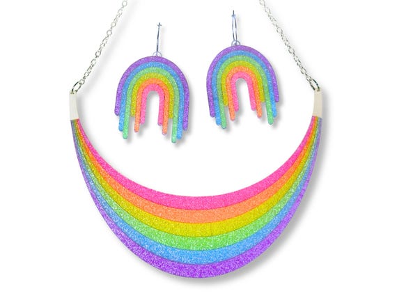 Rainbow Statement Necklace and Earrings Set | UV Reactive Neon Glitter or Bright Frosted Acrylic Jewelry Set for Festivals or Raves