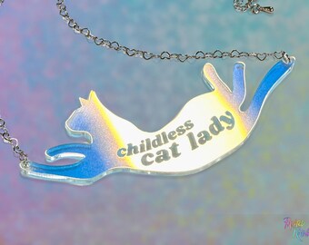 Childless Cat Lady Chest Plate Necklace | Iridescent Feline Silhouette Political Statement Pendant