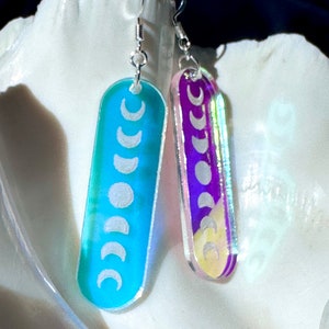 Iridescent Moon Phase Earrings | Simple celestial dangles for the witchy and moon lovers