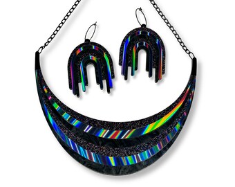 Black Rainbow Statement Necklace and Earrings Set | Cyber Goth Dark Iridescent Festival Jewelry