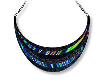 Black Rainbow Arc Statement Necklace | Oil Slick Goth Collar | Dark Iridescent Acrylic Festival Jewelry