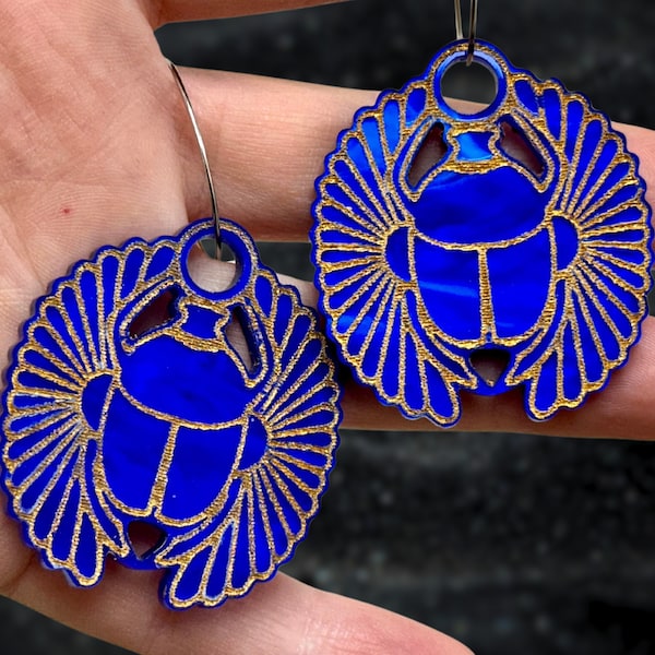 Scarab Earrings | Sapphire Pearl and Gold Acrylic Dangles | Ancient Egyptian for Good Luck and Manifestation | Choose Your Hardware!