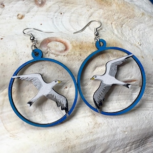 Hand-Painted Seagull Earrings: Boho Coastal Wooden Bird Jewelry