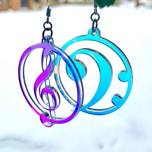 Iridescent Music Note Earrings: Treble Clef, Bass Clef Acrylic Jewelry