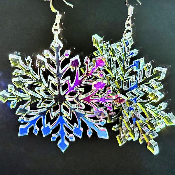 Snowflake Statement Earrings | Big iridescent Snow Queen dangles for winter weddings, Christmas, NYE, or casual everyday fashion!