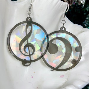 Rainbow Holographic Treble Clef Bass Clef Earrings