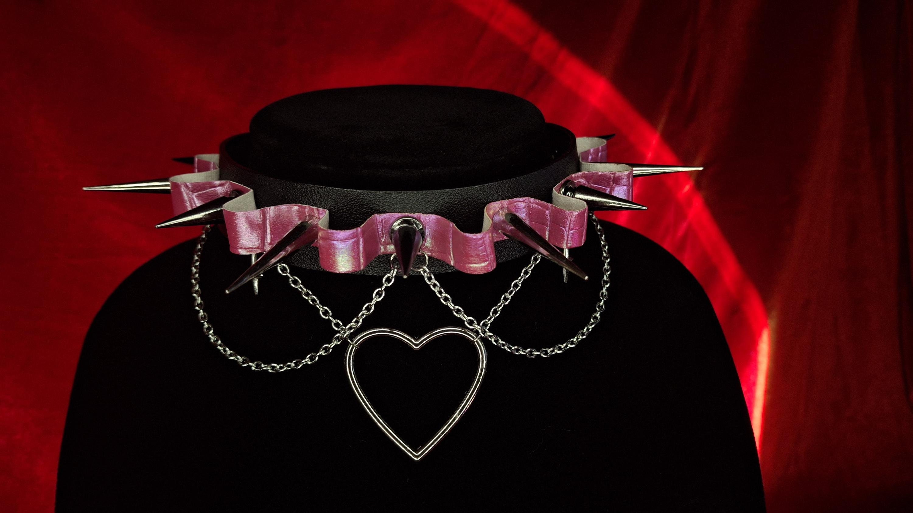 Leather Choker With Pink Ribbon, Spikes, Chains, and Heart