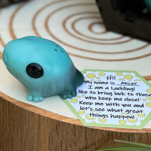 May include: A teal Luckling figurine with a large black eye and a small, hexagonal card that reads "Hi! My name is Miles. I am a Luckling!" The figurine is on a wooden surface with a plant and a small pot that says "Kala Shark".