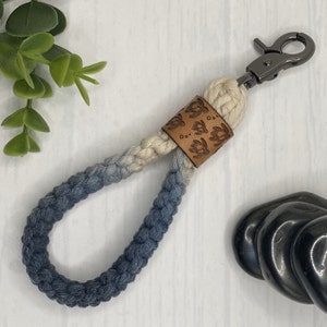 Sea Turtle Keychain: Ombre Macrame with Engraved Leather | Leather Keychain Turtle Keychain Macrame Wristlet Boho Sea Life Keychain Ocean