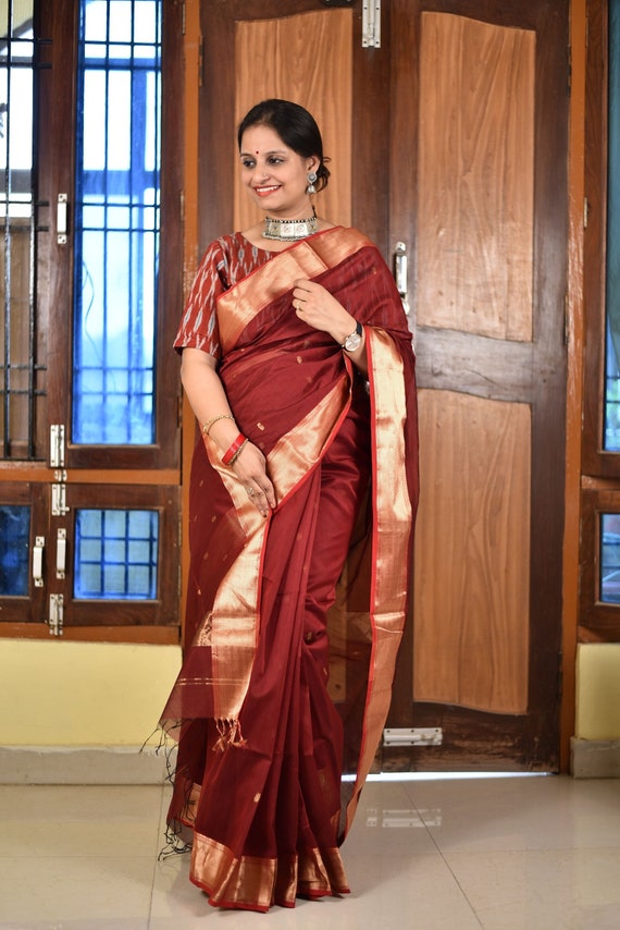 Clothing Womens Clothing Handloom Maheshwari Silk Cotton Saree with zari border Silk Wrap Wedding wear silk saree 