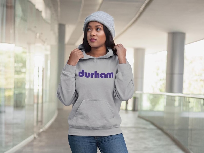 Felpa con cappuccio Durham North Carolina: cotone pesante, scritte gonfie Grey & Navy Blue