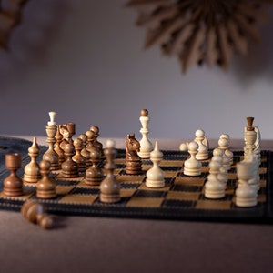 Luxury Handmade Leather Chessboard with Wooden Chess pieces Smart travel chess set of a high quality Valentines gifts Foldable Portable Ches
