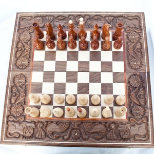 Wooden chess set board table with storage, 3 in 1 chessboard hand carved decorative pieces free personalization