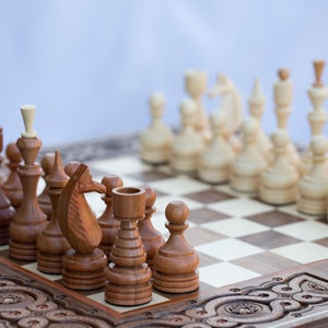 Unique Chess Set Wooden Chess Board Carved Wood Chess Carved Chess Set Chess Checkers and Backgammon Dad Gift Son Gift Gift for a Friend