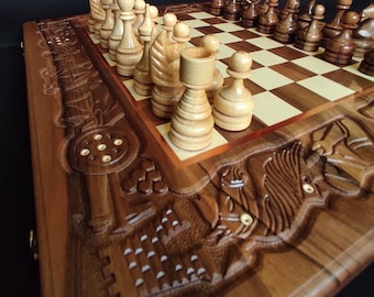 Holzstücke Schach Vintage Klappbrett Box Hand geschnitzt YRltbar iaUE 