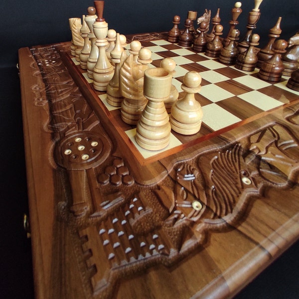 Luxury chessboards Large wood chess set 3 in 1 Сhess table board with storage Wooden chess board set Hand carved decorative chess