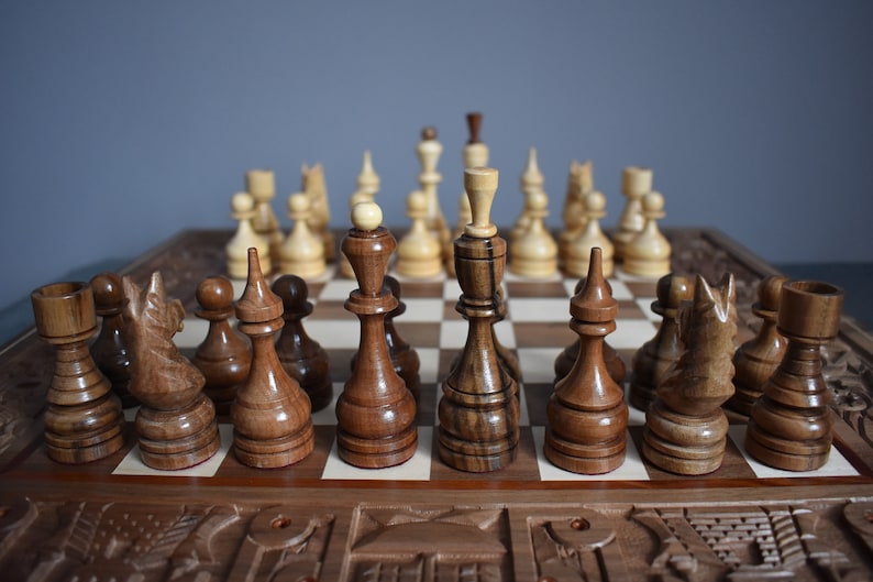 Large Chess Set With Board, Wooden Chess Game, Handmade Chess Board