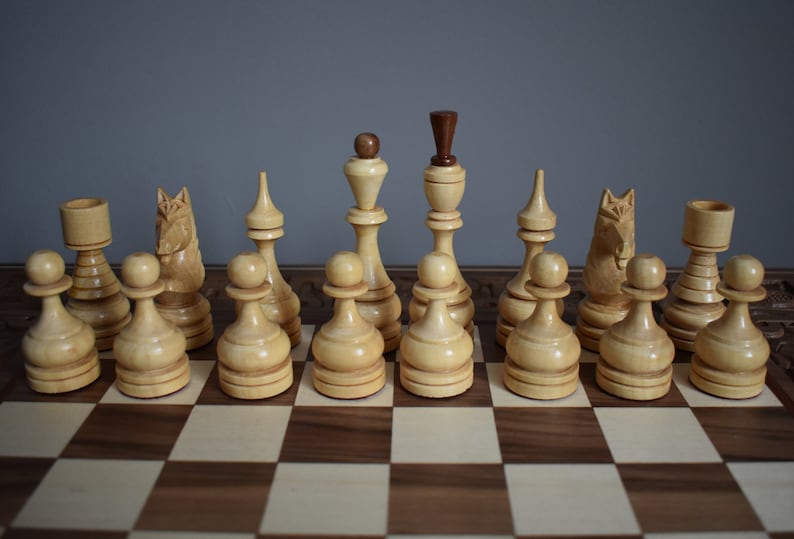 Large Chess Set With Board, Wooden Chess Game, Handmade Chess Board
