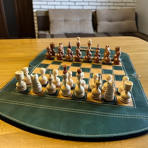 Luxury Handmade Leather Chessboard with Wooden Chess pieces Foldable Portable Ches Smart travel chess set of a high quality