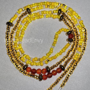 Sunshine Waist Beads - Yellow and Gold Tone Beaded Chain with Red Onyx Stones - Body Jewelry