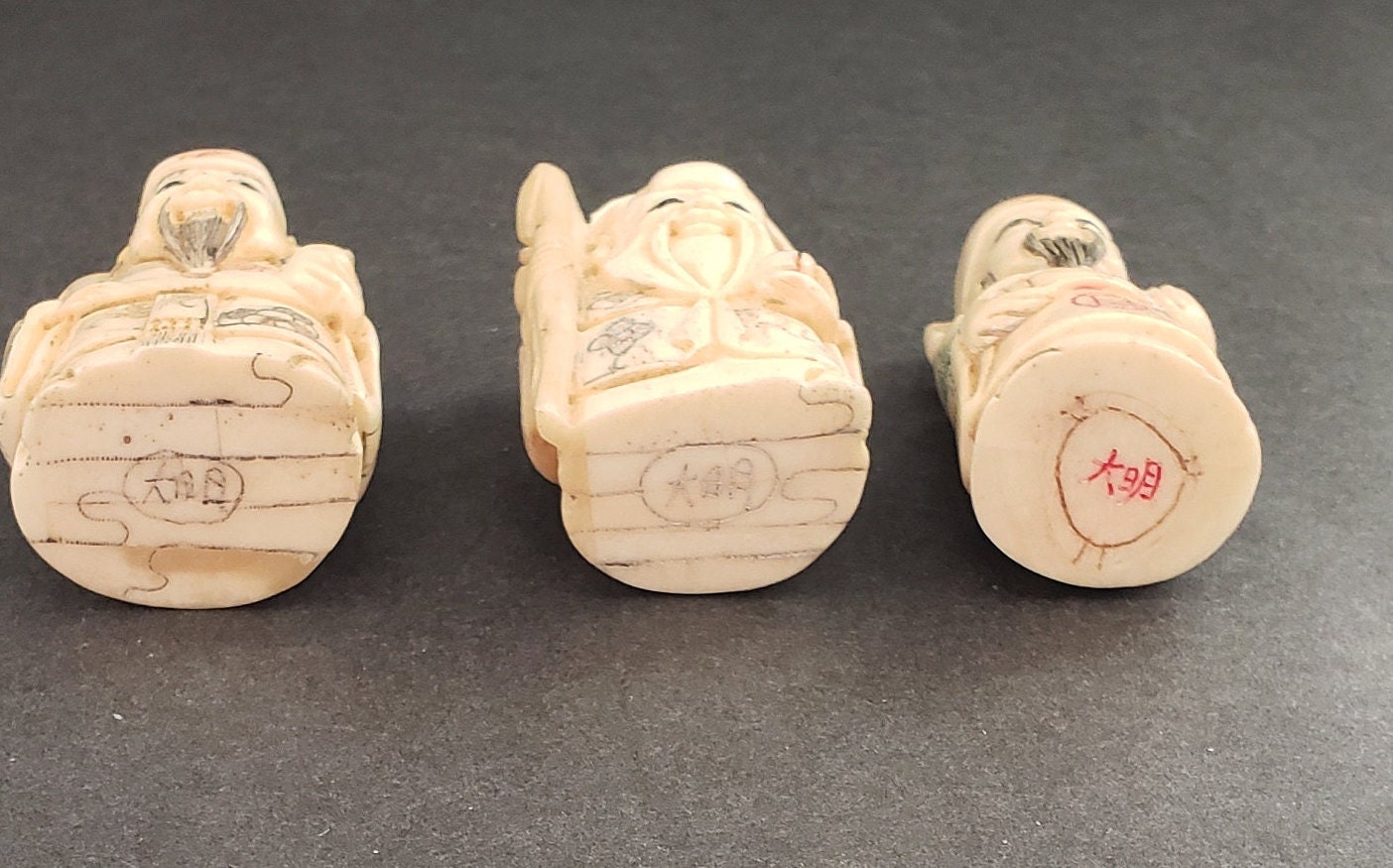 Three Piece Fortune God Set 2 Inch Signed Netsuke Okimono