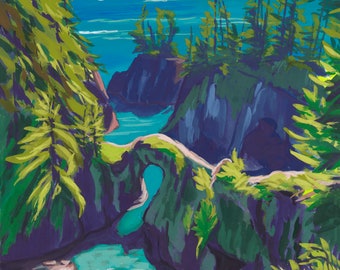 May include: A painting of a rocky coastline with a natural archway over a turquoise body of water. Lush green trees frame the scene, with a bright blue sky in the background.