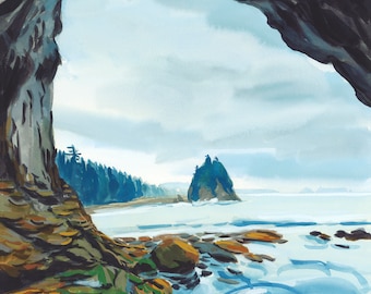 May include: A watercolor painting of a rocky seascape viewed from a cave opening. The water is a swirling blue, and the sky is a light blue with white clouds. A small island with trees is visible in the distance.