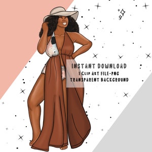 Black Woman on Vacation PNG Clip Art, Black Woman Travel Sticker Clipart PNG, Boho Fashion Theme PNG,  Travel Planner Doll Digital Sticker