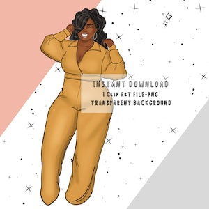 Curvy Black Woman Fashion PNG Clip Art, Curvy Girl Clipart PNG, Black Woman in Yellow PNG,  Black Planner Doll Digital Sticker for Planners