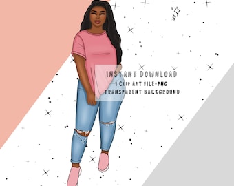 Curvy Black Woman Fashion PNG Clip Art, Curvy Girl Clipart PNG, Boho Fashion Theme PNG,  Black Planner Doll Digital Sticker for Planners